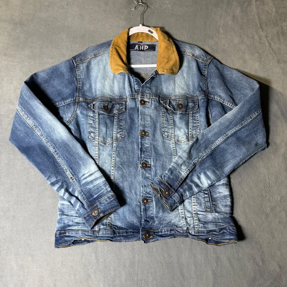 AHP Mens XL Blue Denim Trucker Jacket Corduroy Collar Sandblasted Stretch Cotton